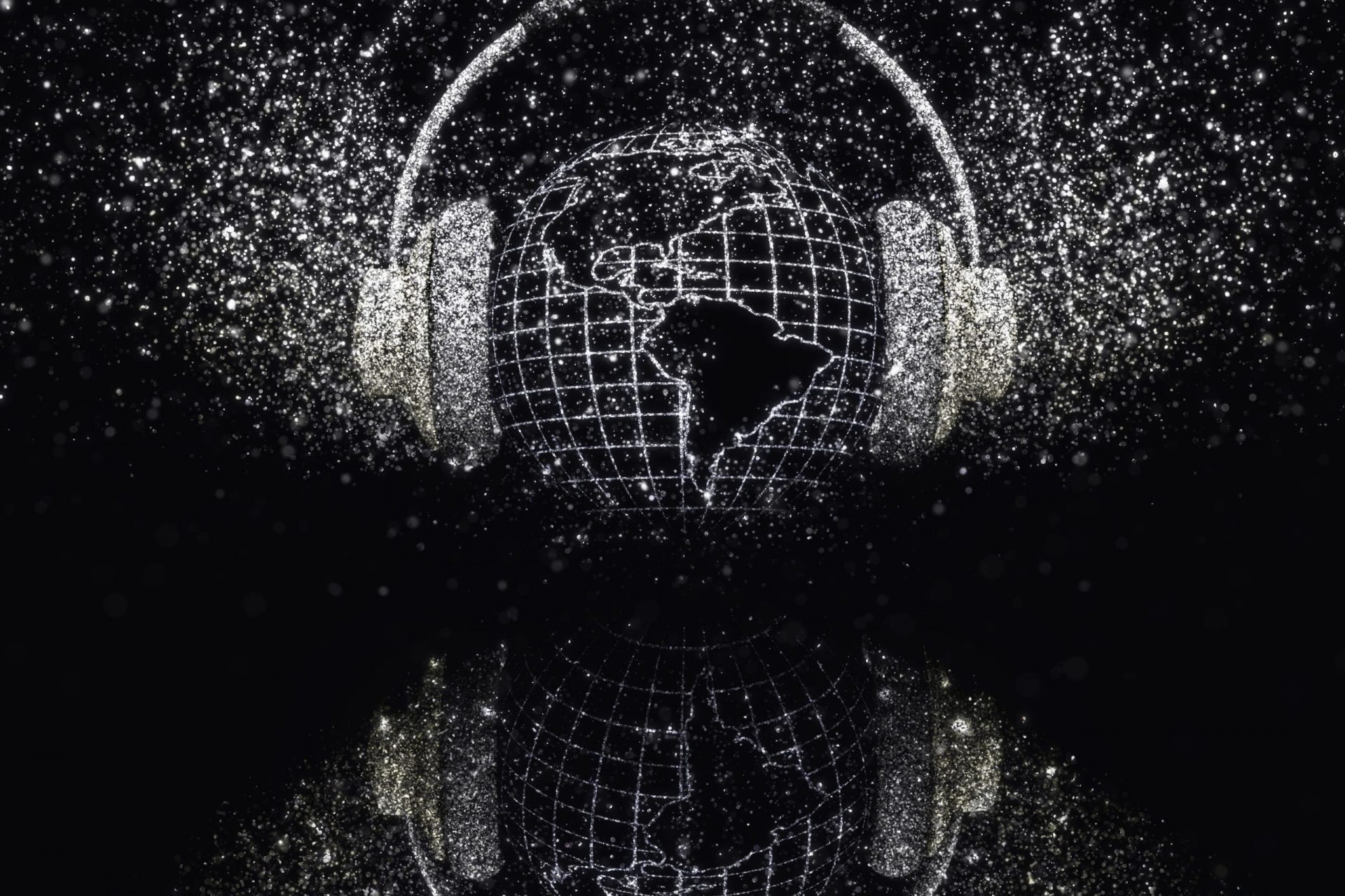 3D render of a globe with headphones with glittery effect on black background